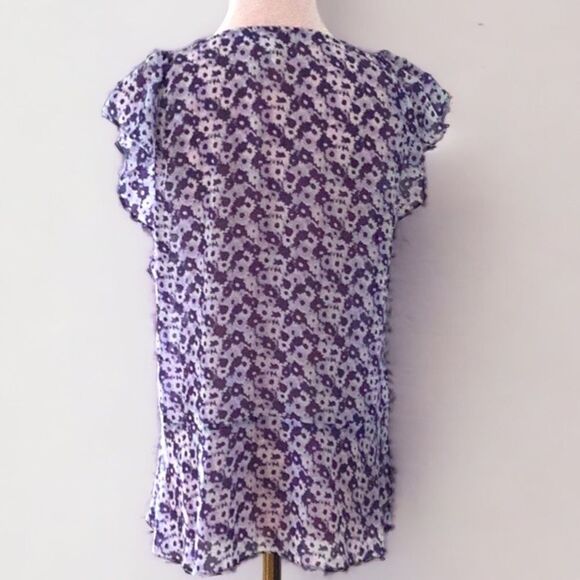 MICHAEL KORS BLOUSE TOP PURPLE FLORAL LIGHTWEIGHT SMALL RUFFLE SLEEVES - Picture 3 of 5